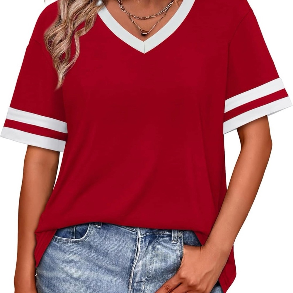 Casual Red V-Neck Tee with White Stripes